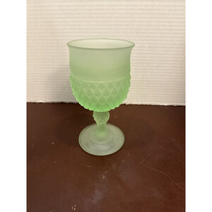 Vintage Satin Frosted Green Diamond Point Goblet Candaleholder Indiana Glass 7"